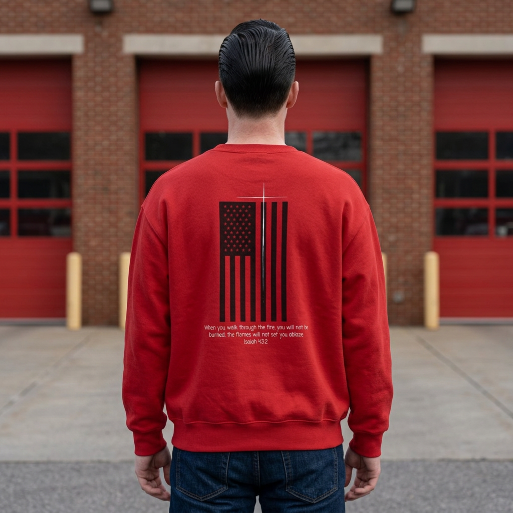 When You Walk Through The Fire, Christian Firefighter Sweatshirt, Thin Red Line Crewneck