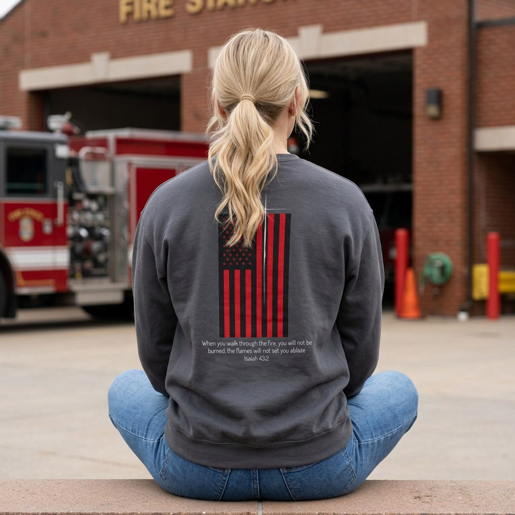 When You Walk Through The Fire, Christian Firefighter Sweatshirt, Thin Red Line Crewneck