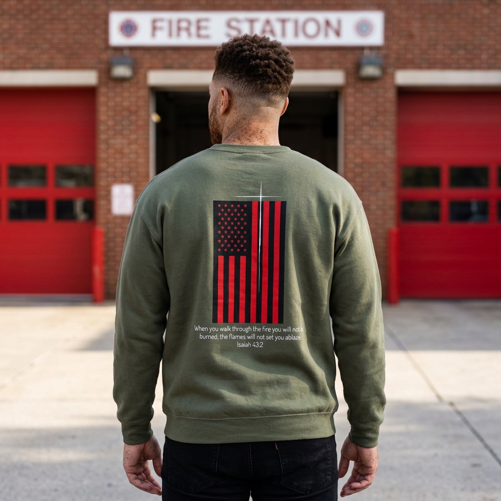 When You Walk Through The Fire, Christian Firefighter Sweatshirt, Thin Red Line Crewneck