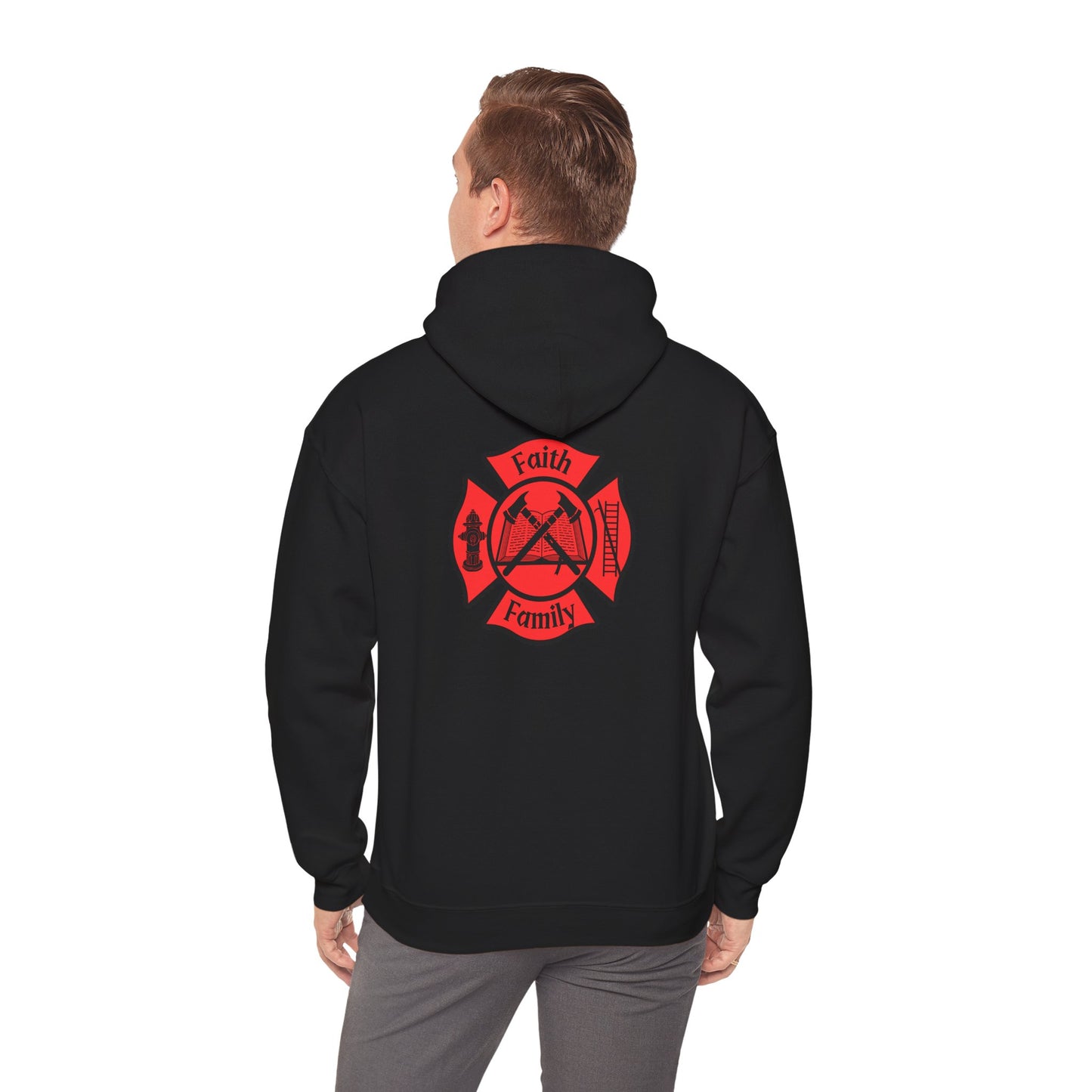 Faith and Family Firefighter Hoodie – Maltese Cross Christian Sweatshirt | Gildan 18500