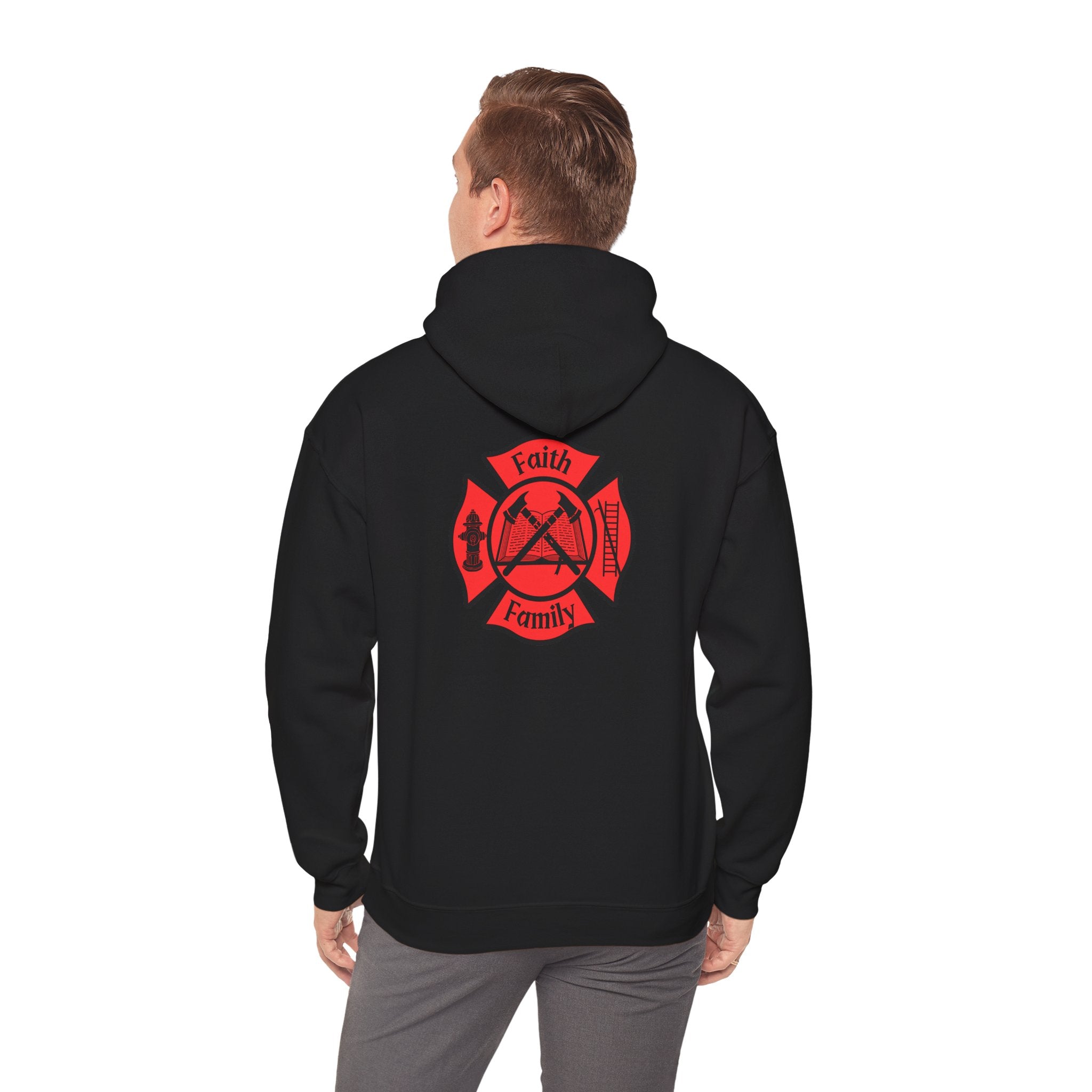 Faith and Family Firefighter Hoodie – Maltese Cross Christian Sweatshirt | Gildan 18500