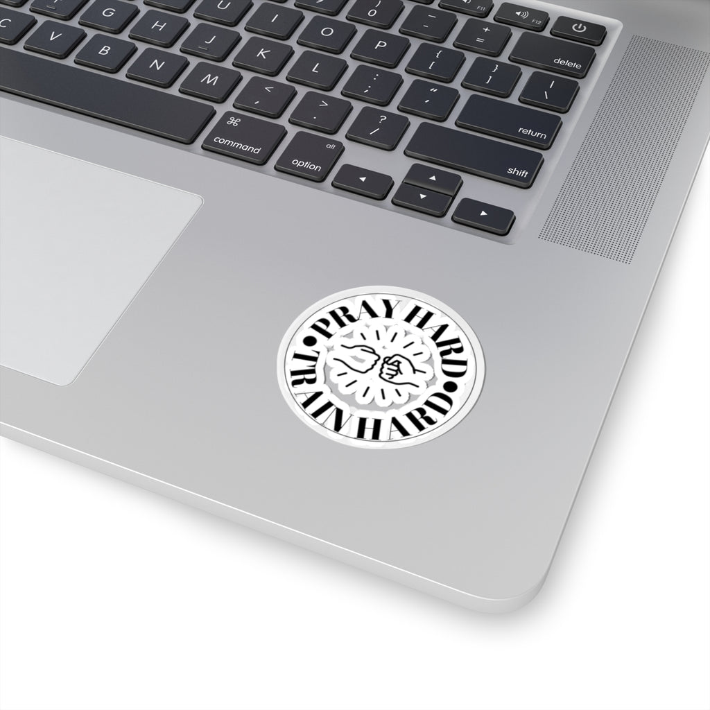 Pray Hard Train Hard Round Sticker — Motivational Fitness Kiss-Cut Decal