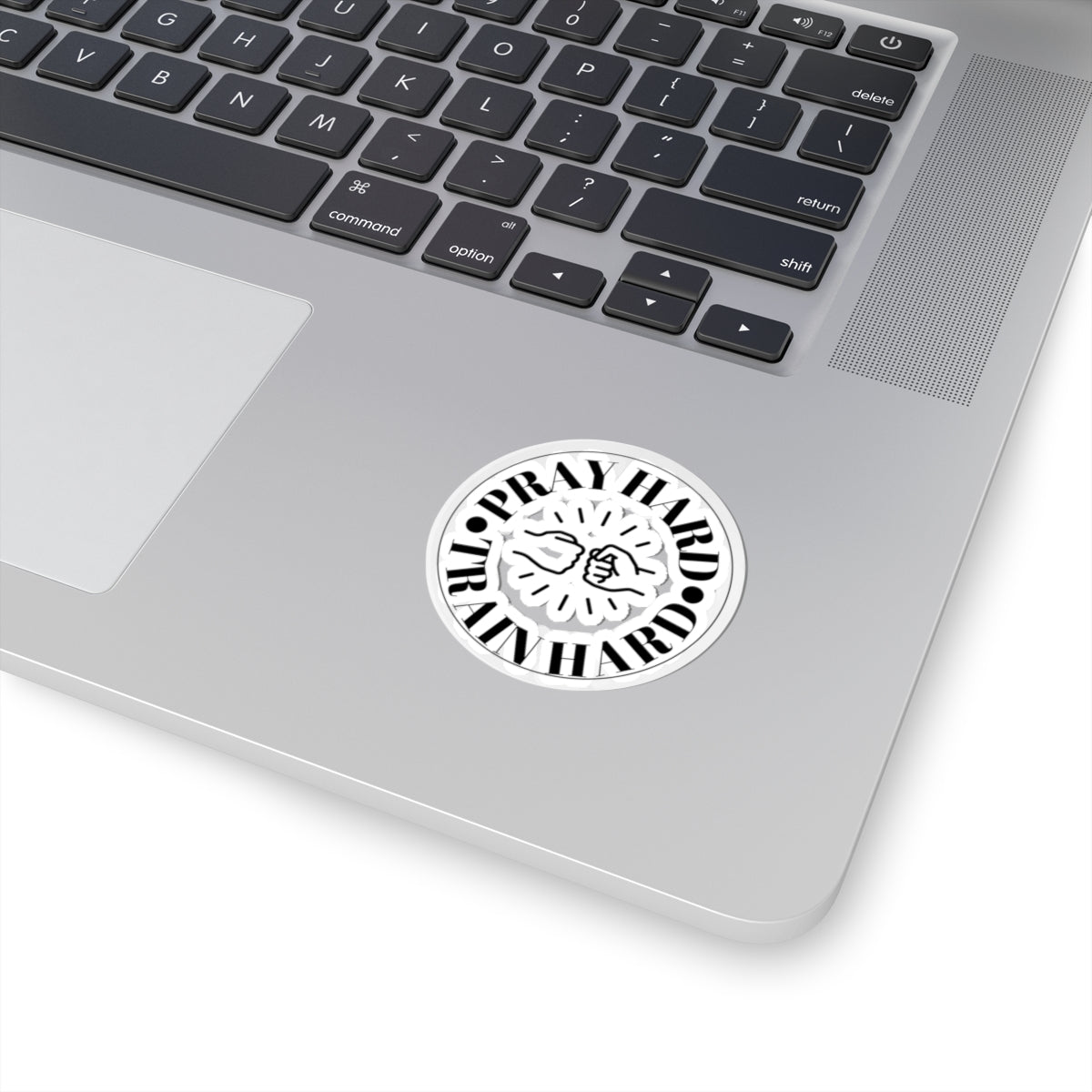 Pray Hard Train Hard Round Sticker — Motivational Fitness Kiss-Cut Decal